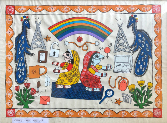 mithila art of two women on their phones, the background has different tech icons like computer, mouse, pen drive, emails. there is a rainbow on the top which is surrounded by mobile tower. Peacock and flowers as well as a border acts as a decorative element. 
