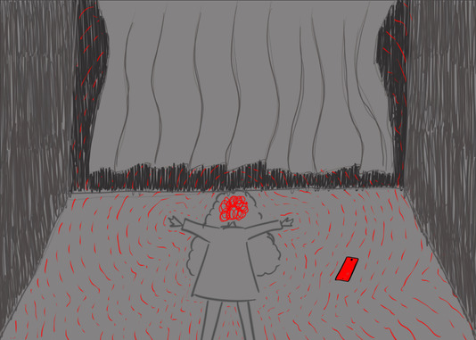 Inside the room, the girl is lying flat on the ground. Her face is covered in red. Her mobile phone, which is red in color, sits besides her.