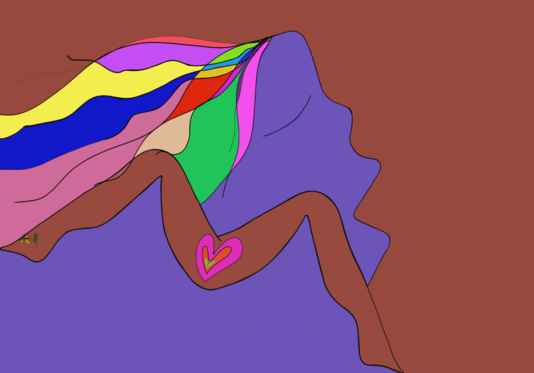 an abstract illustration of a person with dark skin tone with rainbow colored hair 