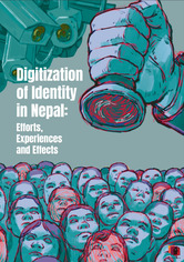 'Illustration of CCTV cameras on the top left. with groups of faces on the bottom facing up, where a hand is holding a stamp to be put on the faces. Some of the faces are stamped with red fingerprints. indicating the digitization of their identities. The overall color scheme of the cover is blue. The title of the report is "Digitization of Identities: Efforts, Experiences and Effects" 