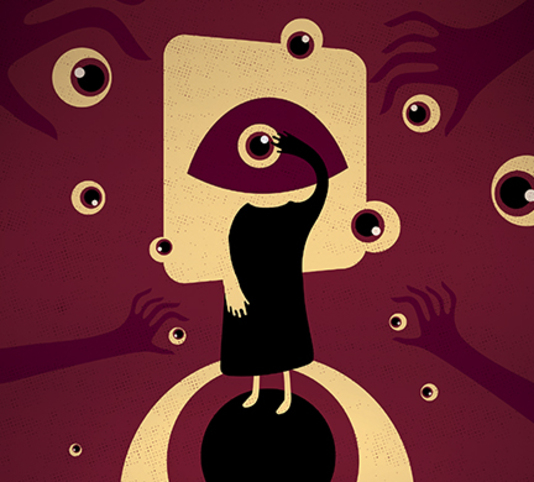 illustration of a person whose face is covered by an eye, and is surrounded by eye balls, with hands coming to grab the person. The background is maroon in color