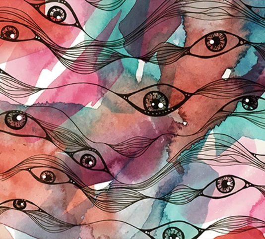 illustration of eyes of different shapes. in the background there are watercolors paints of shades of blue, pink and purple 